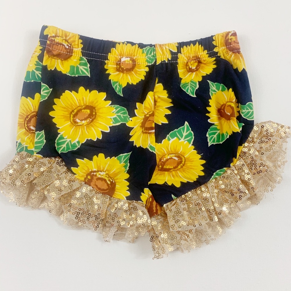 Kids Navy Sunflower Shorts With Gold Sequins